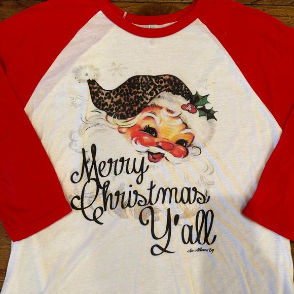 Large Ladies Merry Christmas Y'all Santa Leopard Baseball Tee - Picture 2 of 4